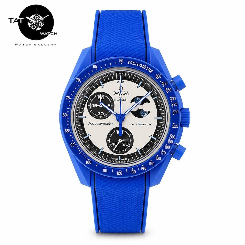 ساعت مردانه زنانه امگا سواچ ماه سوپرآبی super blue moon بند رابر سه موتوره omega swatch