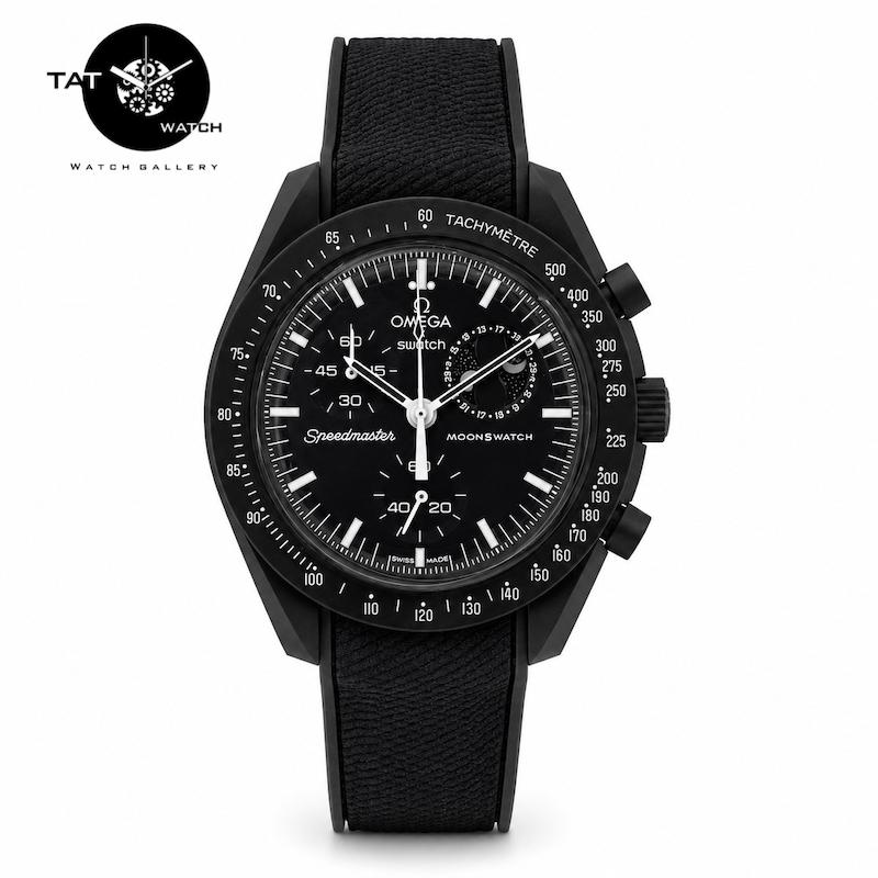 ساعت مردانه زنانه امگا سواچ ماه اسنوپی مشکی Moon بند رابر قفل امگایی 3موتوره کرنو باگارانتی omega swatch