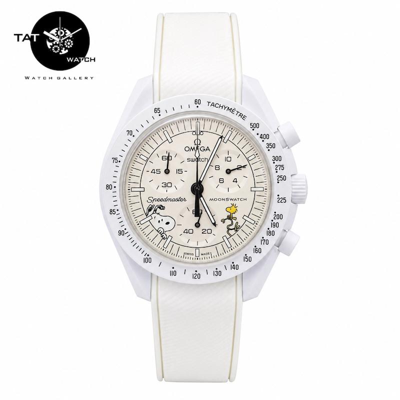 ساعت مردانه زنانه امگا سواچ ماه اسنوپی moon بند رابر قفل امگایی ۳موتوره کرنو‌ omega swatch