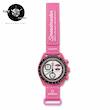 ساعت مچی زنانه امگا سواچ ماه صورتی باربی pink moon سه موتوره کرنو باگارانتی و جعبه omega swatch