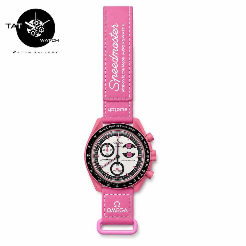 ساعت مچی زنانه امگا سواچ ماه صورتی باربی pink moon سه موتوره کرنو باگارانتی و جعبه omega swatch
