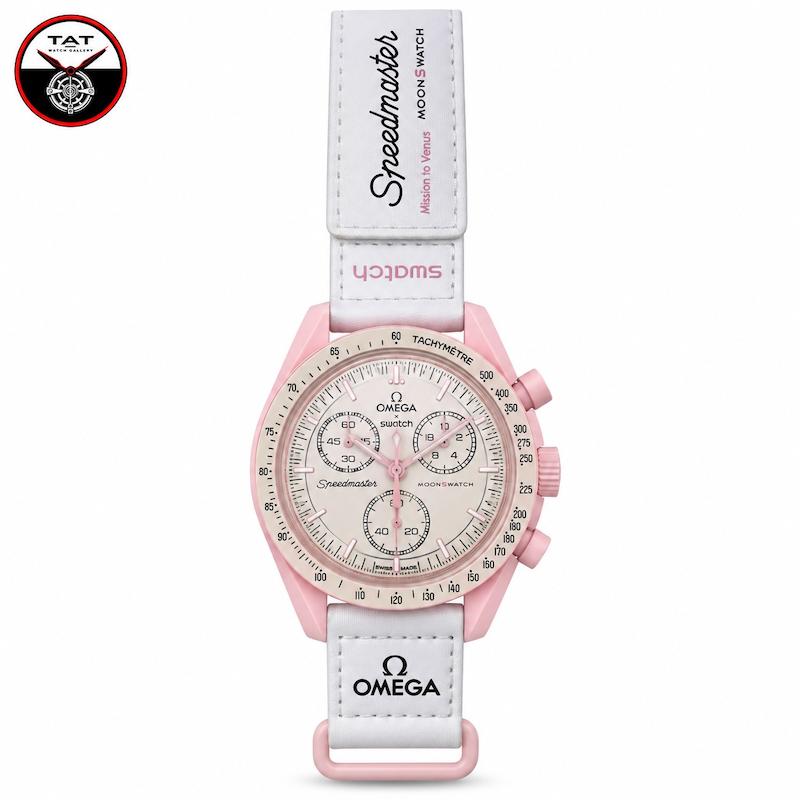 ساعت زنانه امگا سواچ ونوس Venus صورتی سه موتوره کرنو باگارانتی و جعبه omega swatch