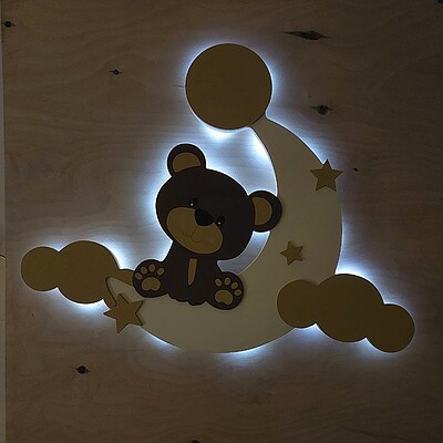 چراغ خواب چوبی و دیواری کودک تاتی-طرح خرس و ماه