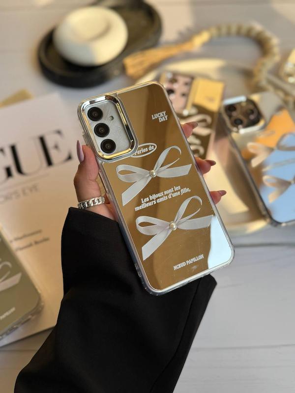 🎀قاب پاپیون آینه ای🎀 مروارید سفید ☎️آیفون / سامسونگ / شیائومی☎️