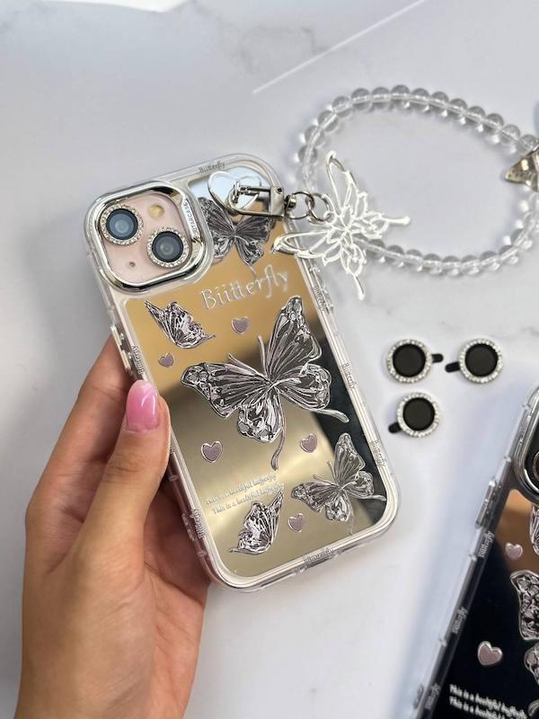 قاب پروانه آیینه ای با آویز و لنز نگینی🦋🪞آیفون