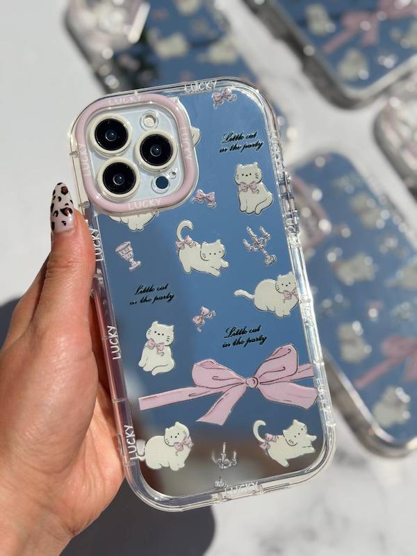 قاب آیینه ای گربع و پاپیون پینک🎀