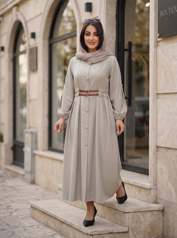 مانتو بلند شانتون مدل کرشمه همراه با کمربند کد۱۶۹