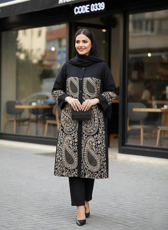 مانتو کتی بلند باخرج کارطرح اسلیمی کد0339