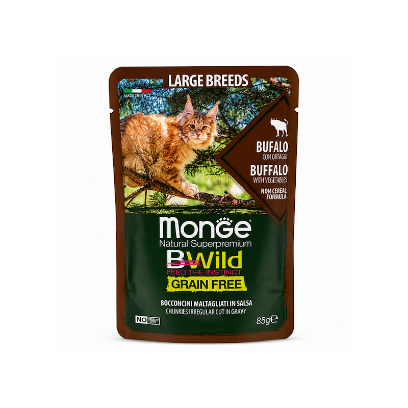 پوچ گربه مونژه نچرال BWild با گوشت بوفالو و سبزیجات مخصوص بچه‌گربه و نژاد بزرگ ۸۵ گرمی
