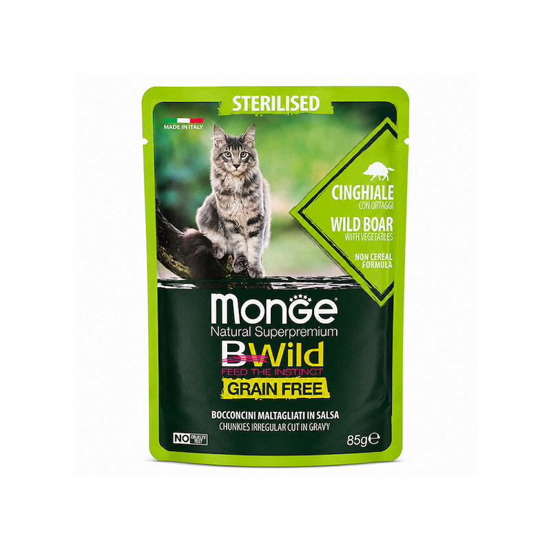 پوچ گربه مونژه نچرال BWild با گوشت گراز و سبزیجات مخصوص گربه عقیم‌شده ۸۵ گرمی