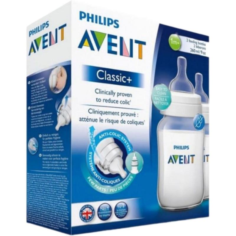 شیشه شیر طلقی 1+ ماه کلاسیک پلاس New فیلیپس اونت Philips Avent ظرفیت 260 میلی لیتر دو عددی 2 قطره