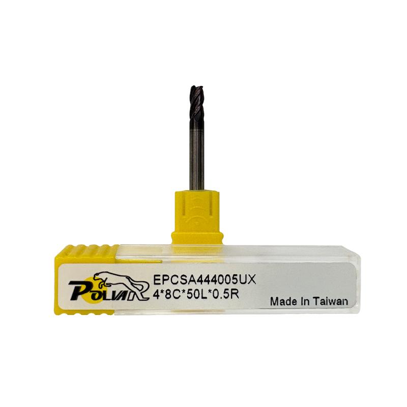 فرز انگشتی الماس (کارباید) تیپ 4 میلی متر با شعاع 0.5 (4R0.5) برند POLVAR مدل 4F-55HRC)4R0.5*8*4*50)