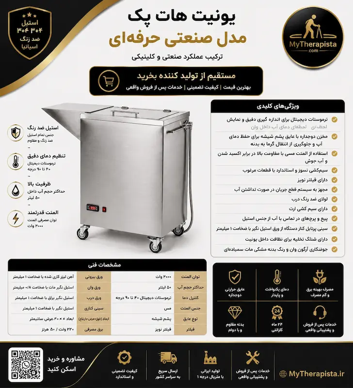 یونیت هات پک فیزیوتراپی سایز بزرگ مدل صنعتی با سبد سینی کار | هیدروکلاتور تمام استیل ۳۰۴