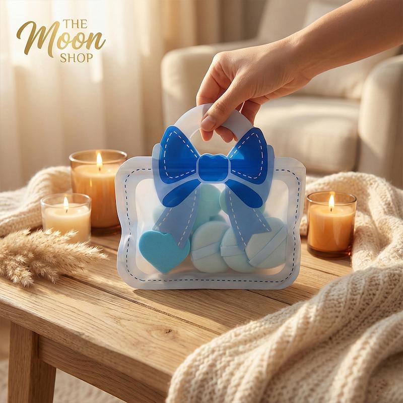 ست پد آرایشی ۸ تکه کیف پاپیونی | پد مخملی و بیوتی بلندر (برند TT)