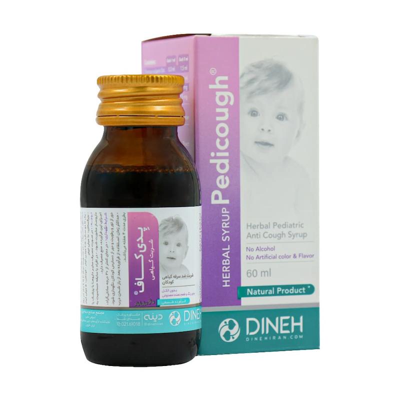 جعبه و بطری شربت پدیکاف دینه ۶۰ میلی لیتر داروی گیاهی ضد سرفه عشقه و آویشن اطفال و کودکان دینه ایران - تیدارو
