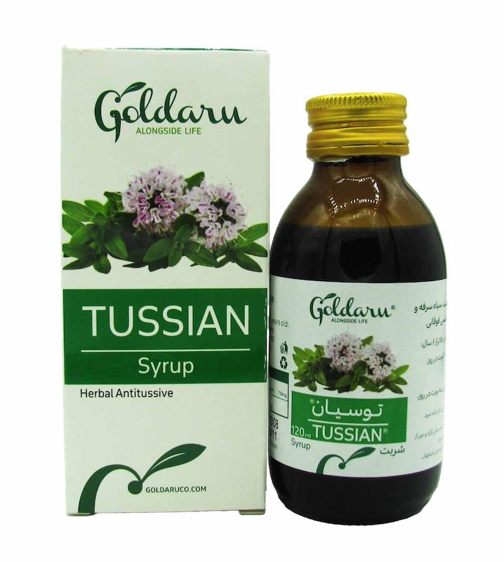 جعبه و بطری شربت توسیان گل دارو ۱۲۰ میلی لیتر داروی گیاهی عصاره آویشن ضد سرفه و خلط آور کودکان و بزرگسالان - تیدارو