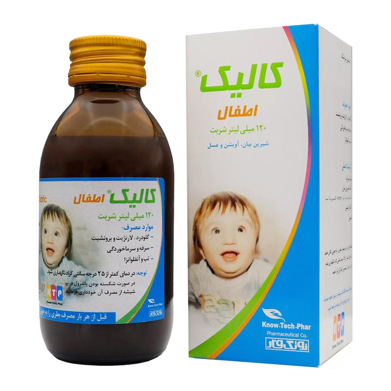 جعبه و بطری شربت کالیک پدیاتریک فوتونا ۱۲۰ میلی لیتر داروی گیاهی ضد سرفه نرم کننده گلو و لارنژیت کودکان حاوی عسل و شیرین بیان - تیدارو