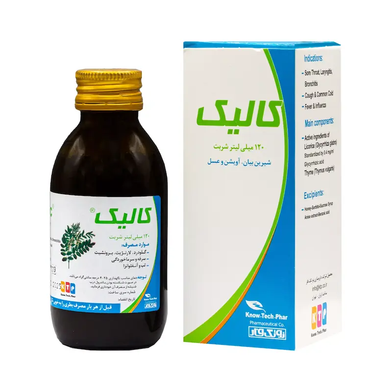 جعبه و بطری شربت کالیک فوتونا ۱۲۰ میلی لیتر داروی گیاهی ضد سرفه خلط آور و نرم کننده گلو حاوی شیرین بیان و آویشن - تیدارو