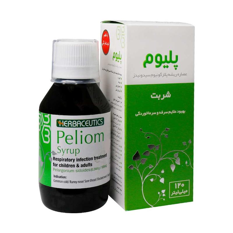جعبه و بطری شربت پلیوم بهشاد دارو ۱۲۰ میلی لیتر داروی گیاهی عصاره پلارگونیوم درمان سرماخوردگی سرفه و برونشیت - تیدارو