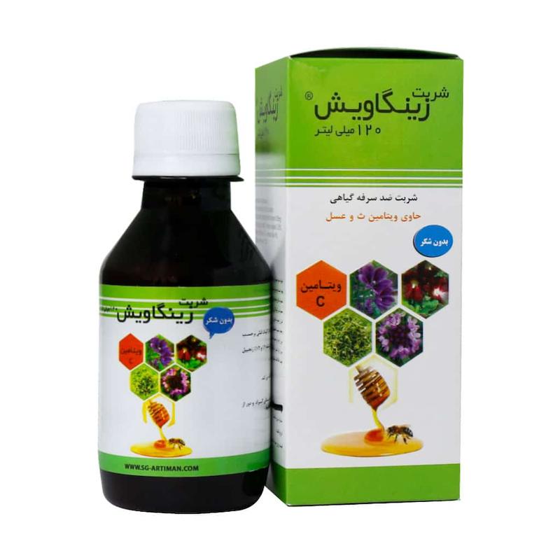 جعبه و بطری شربت زینگاویش ایران داروک ۱۲۰ میلی لیتر داروی گیاهی ضد سرفه خلط آور زنجبیل آویشن ختمی و عشقه کودکان و بزرگسالان - تیدارو
