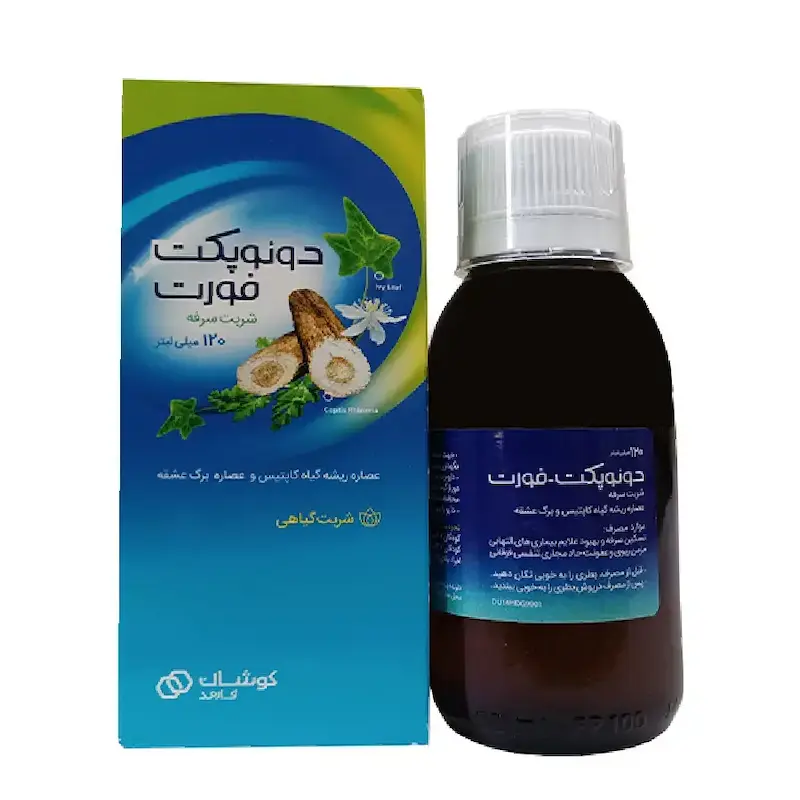 جعبه و بطری شربت دوئوپکت فورت ایران داروک ۱۲۰ میلی لیتر داروی گیاهی عشقه و آویشن ضد سرفه قوی خلط آور و برونشیت کودکان و بزرگسالان - تیدارو