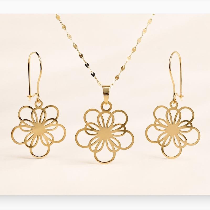 نیم ست طلا ۱۸ عیار مدل گل توری ونکلیف فلاور Flowerlace با آویز عصایی