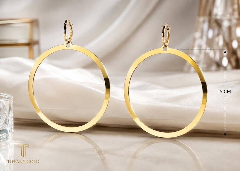 گوشواره طلا ۱۸ عیار ترند زنانه حلقه بزرگ ۵ سانتیمتری با آویز قفل عصایی