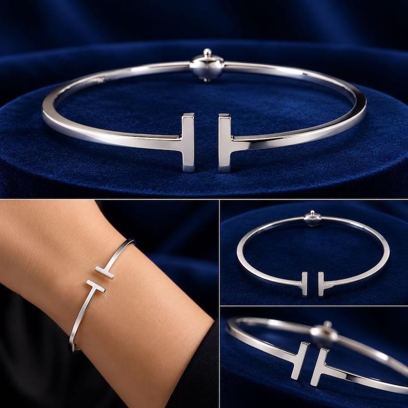 بنگل طلا سفید مدل تی تیفانی طرح T طلا ۱۸ عیار Tiffany & Co