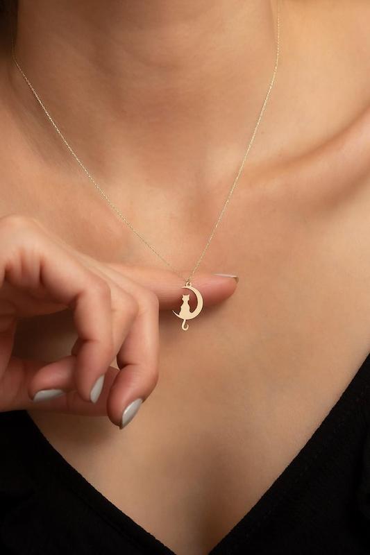 آویز پلاک طلا گربه و ماه