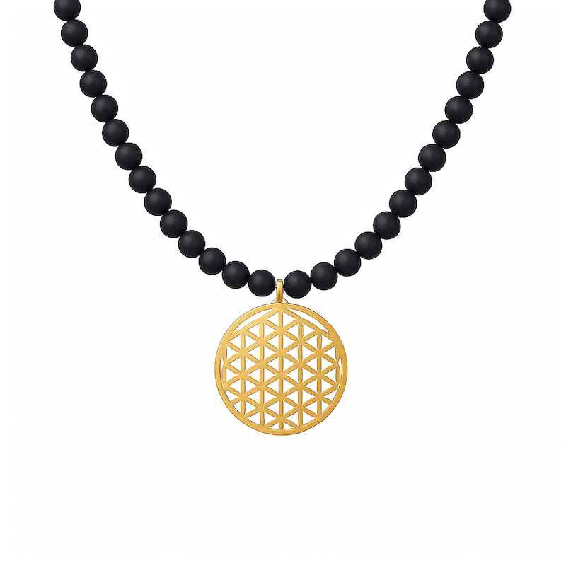 گردنبند طلا سنگ اونیکس گل زندگی یونیسکس