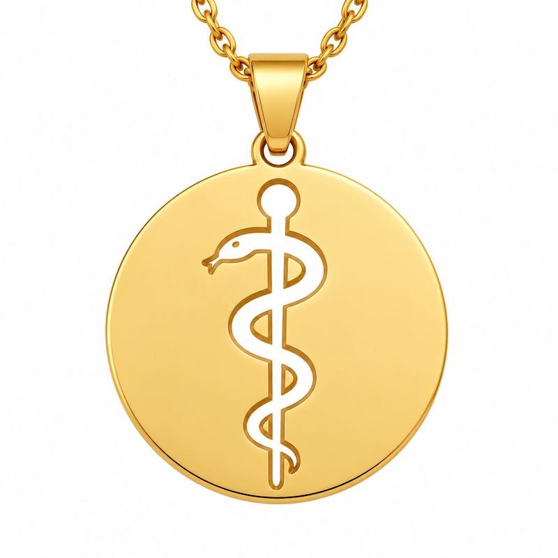 آویز طلا مدل پزشکی استتوسکوپ و عصای آسکلپیوس و کادوسئوس Caduceus پلاک طلا ۱۸ عیار