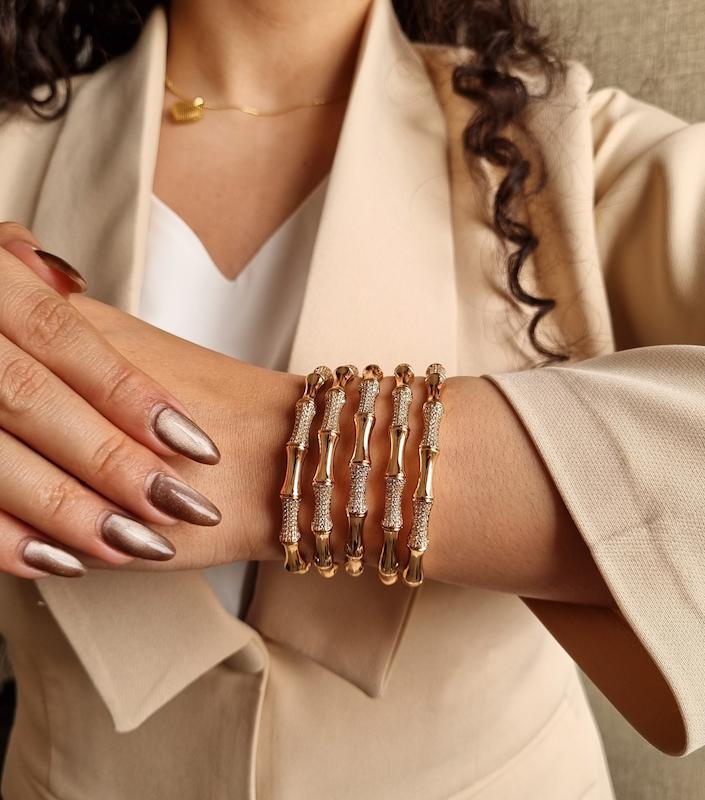 دستبند النگویی بامبو تمام طلایی ژوپینگ 