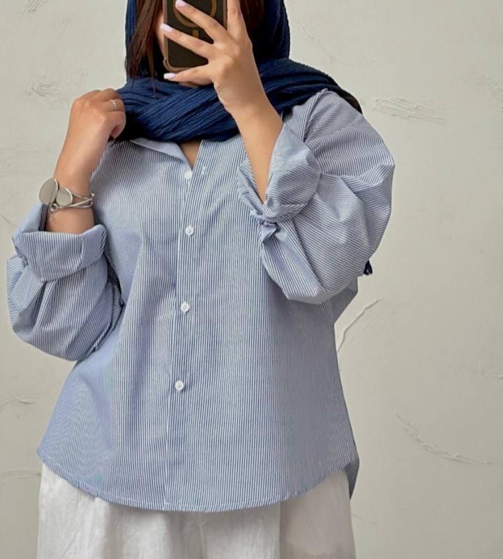 شومیز مورنا/شومیز آستین مچی راه راه زنانه /شومیز تابستانه /شومیز راه راه مشکی و آبی