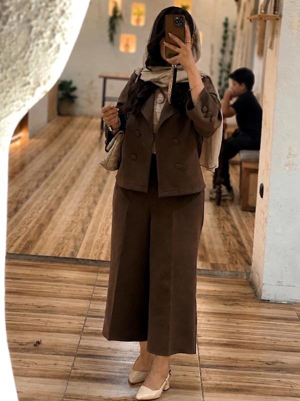 ست لیدی 🤎/ست کت و شلوار واید مازراتی زنانه رنگ قهوه ای 