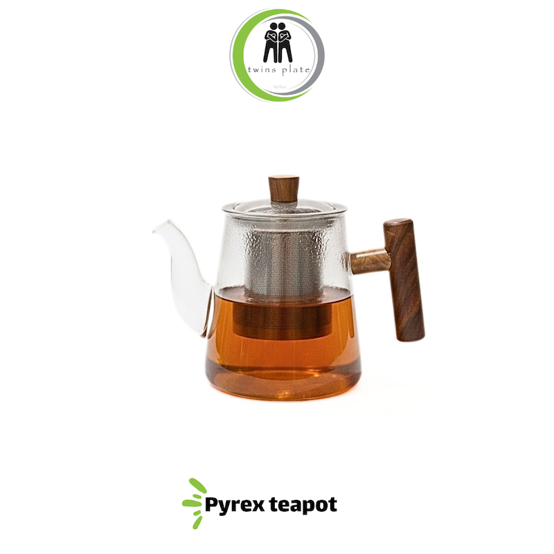 قوری دمنوش پیرکس دسته چوبی سایز ۹۰۰