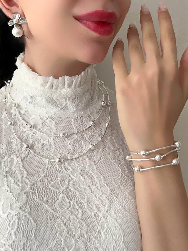 ست گردنبند بلند و دستبند کشی گوی آبکاری نقره