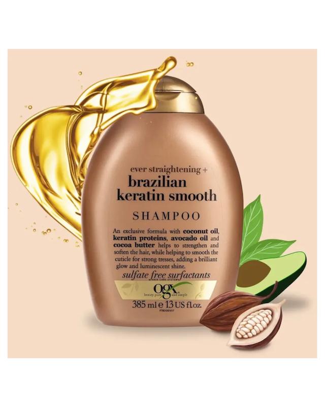 شامپو کنترل وز و بهبود حالت‌ پذیری مو او جی ایکس, مدل Brazilian Keratin Smooth مناسب انواع مو، به‌ویژه وز و خشک حجم 385ml