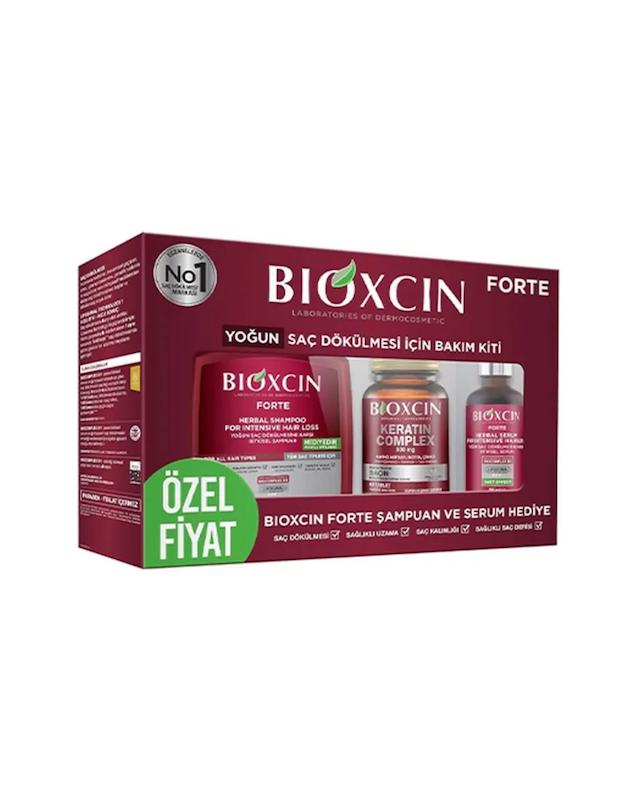 پک مراقبت از مو ضد ریزش بیوکسین (Bioxcin) مدل Forte شامل شامپو، سرم و مکمل Keratin Complex
