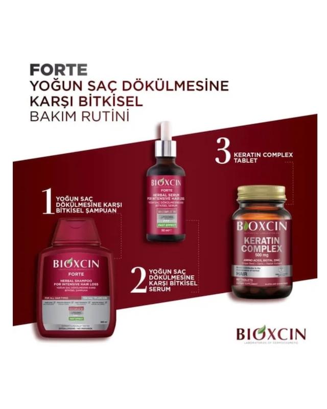 پک مراقبت از مو ضد ریزش بیوکسین (Bioxcin) مدل Forte شامل شامپو، سرم و مکمل Keratin Complex