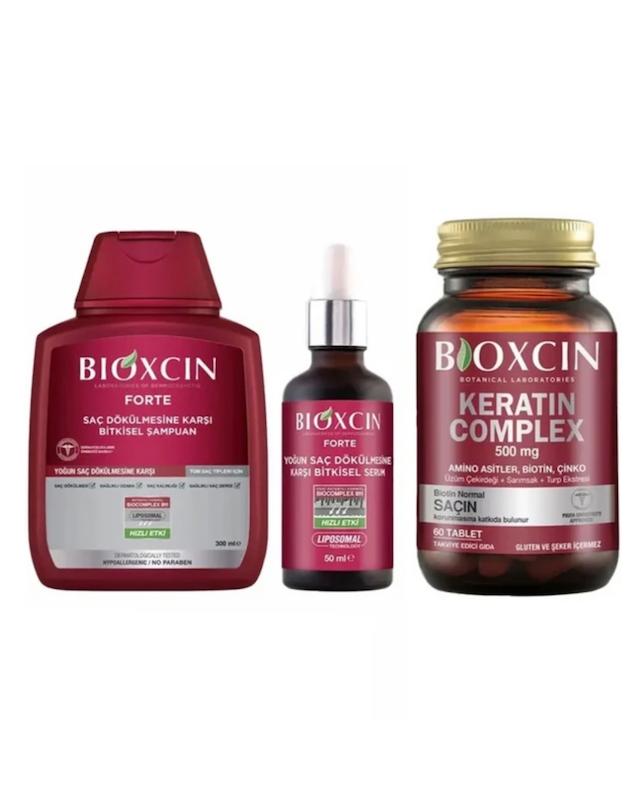 پک مراقبت از مو ضد ریزش بیوکسین (Bioxcin) مدل Forte شامل شامپو، سرم و مکمل Keratin Complex