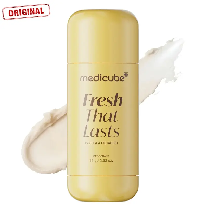 دئودورانت وانیل و پسته مدیکیوب Fresh That Lasts وزن ۸۳ گرم، کنار نمای بافت استیک