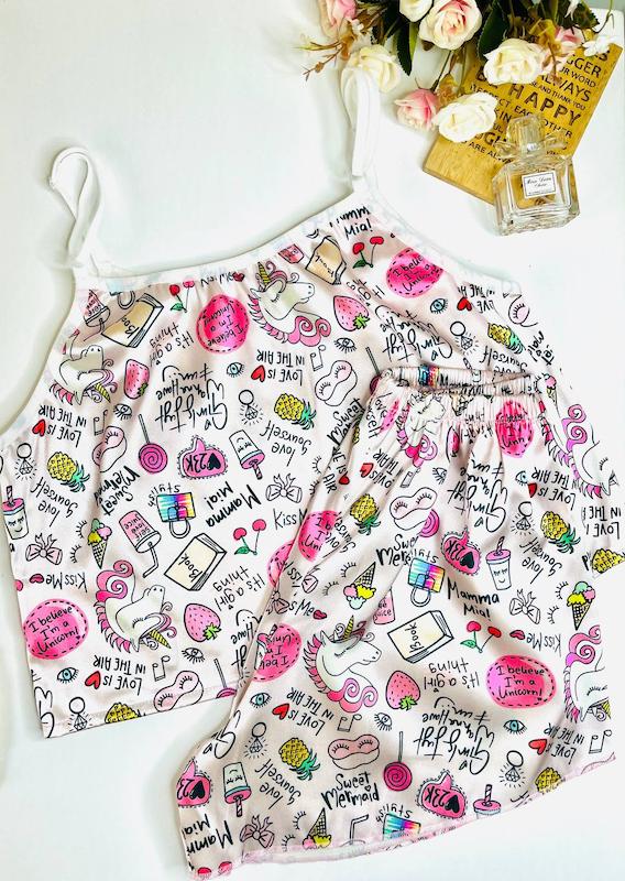 لباس خواب ساتن دو تکه طرح عروسکی