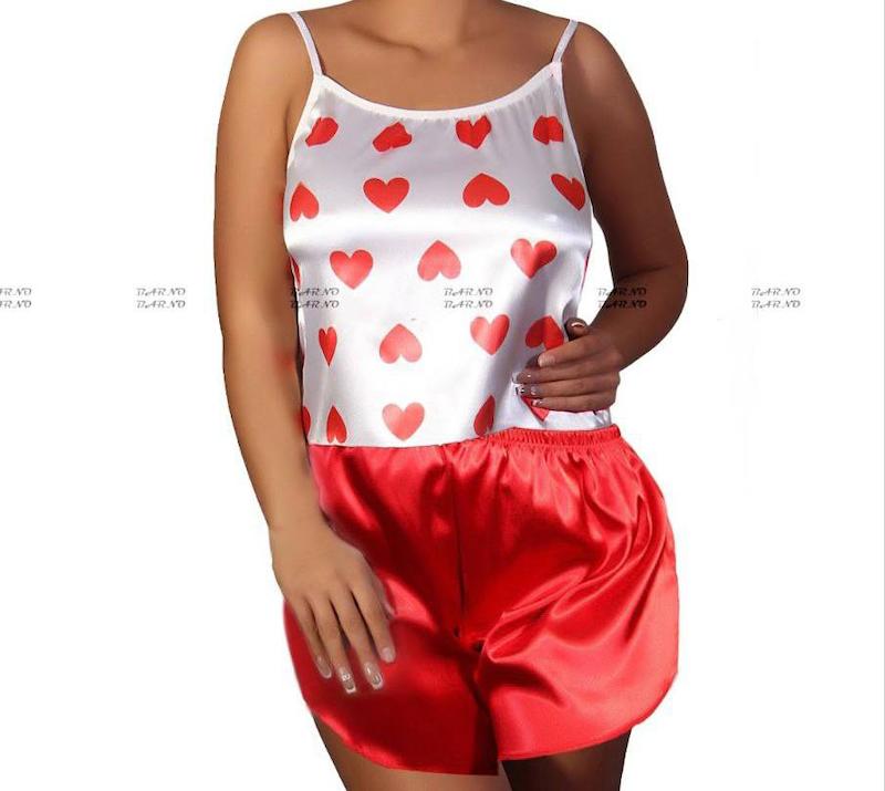 لباس خواب ساتن زنانه طرح قلب+کش مو ساتن