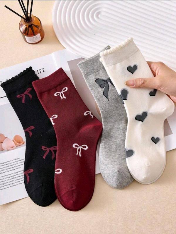 جوراب نخی زنانه ساقدار طرح قلب پاپیون 