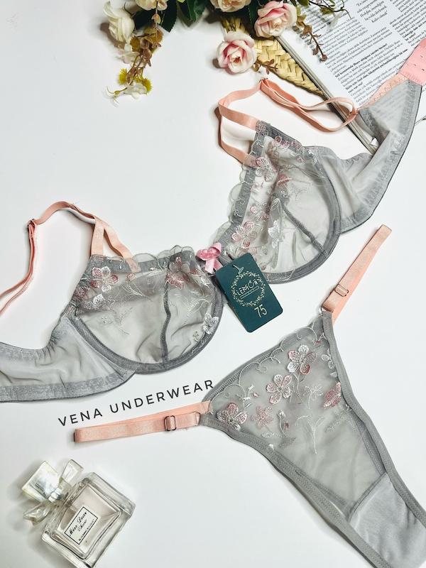 ست سوتین شورت لمون فنردار تمام تور گلدوزی 