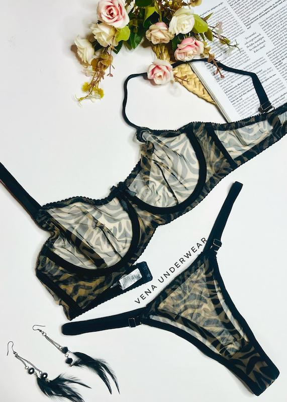 ست سوتین شورت تمام تور فنردار طرح زبرا برند AXOROZ