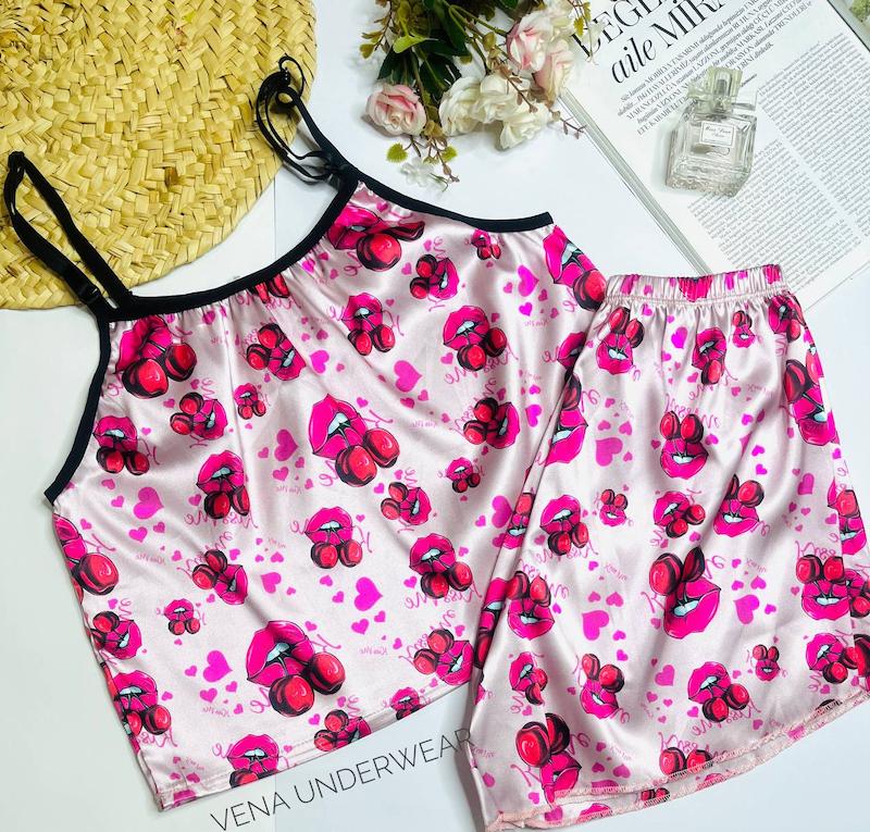 لباس خواب ساتن دو تکه طرح چری 