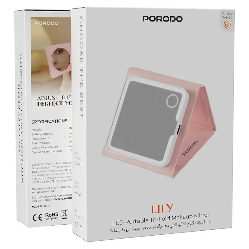 آینه آرایشی LED قابل حمل سه‌تکه پورو‌دو Lily مدل PDLFSTM24PK صورتی