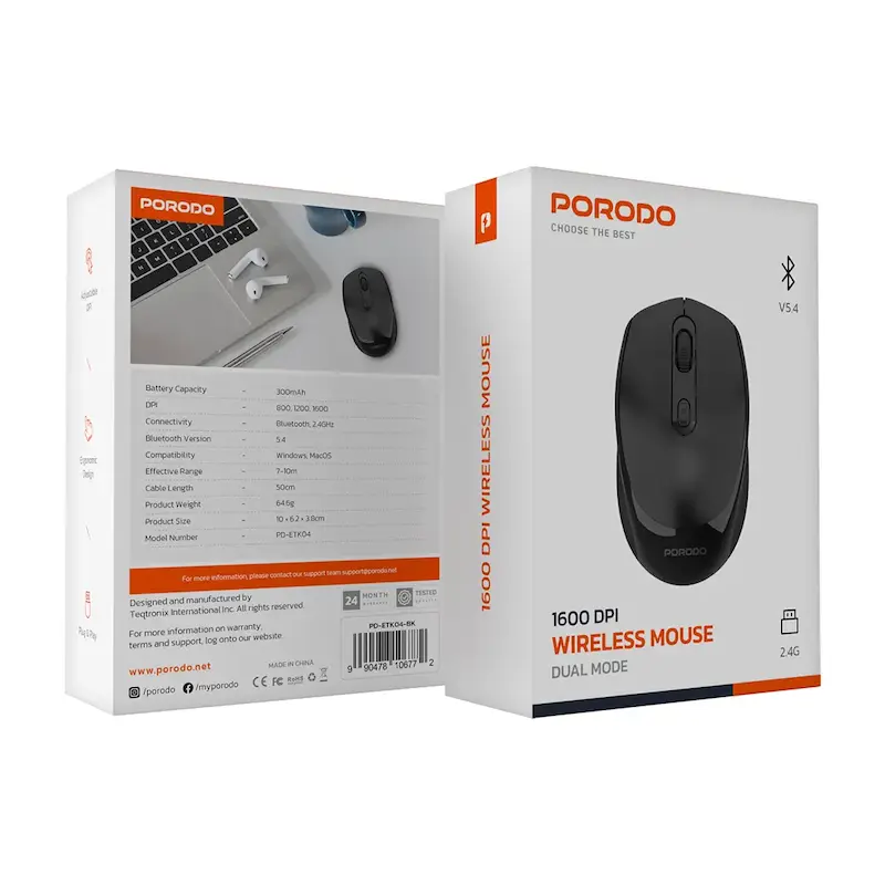 موس بی سیم دو حالته شارژی پرودو Porodo Wireless Mouse Dual Mode PD-ETK04
