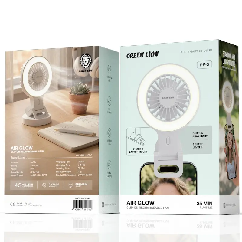 پنکه شارژی گیره‌ای گرین لاین مدل Air Glow با نور LED